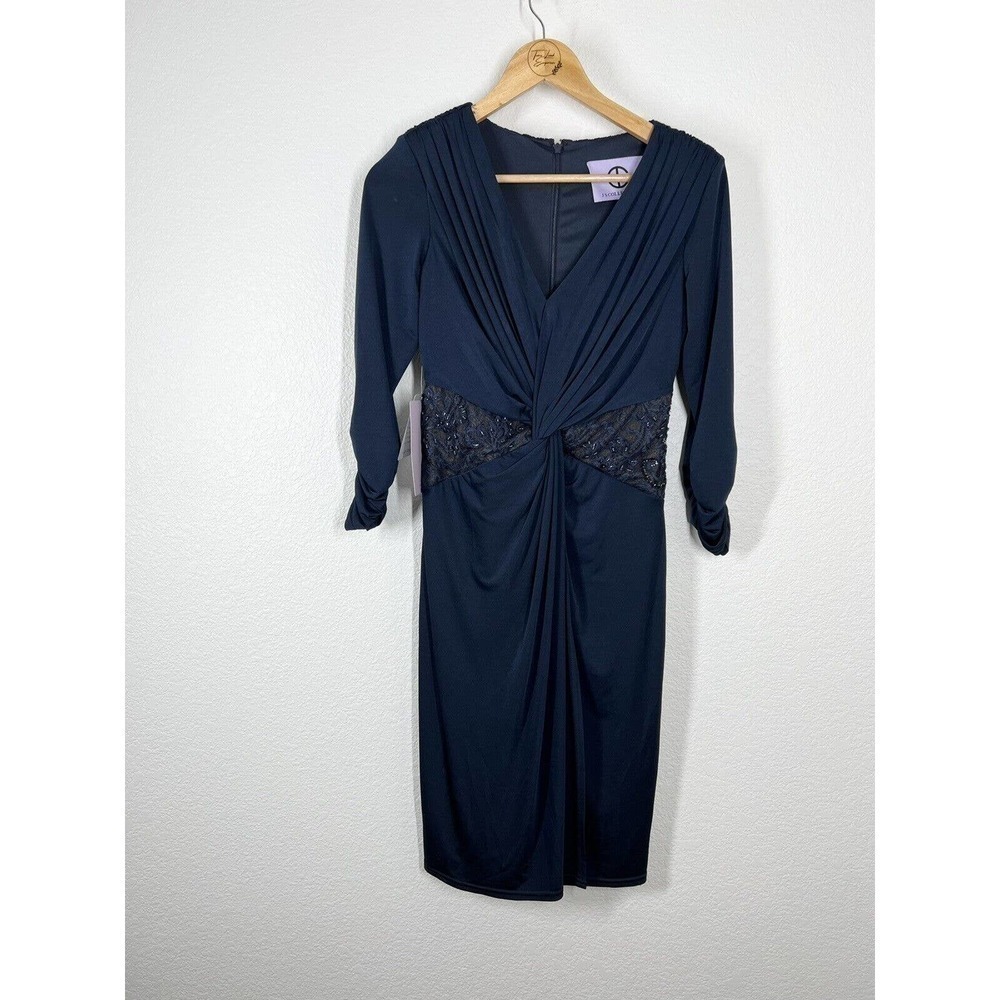 JS Collections Navy Twist Front Evening Cocktail Dress Size 2 Lace Beaded